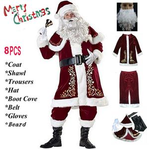 Tema Kostüm Kırmızı Deluxe Velvet Fantezi 8pcs Set Xmas Party Man Çocuk Aile Kostümü Noel Noel Baba Takım Yetişkin Noel Cosplay Kostüm 231108