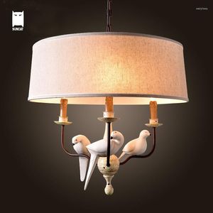 Kolye lambalar Yuvarlak Demir Reçine Kuş Kumaş Gölgesi Işık Fikstür Retro Rustik Vintage Asma Lamba Luster Avize Luminaria Yemek Odası