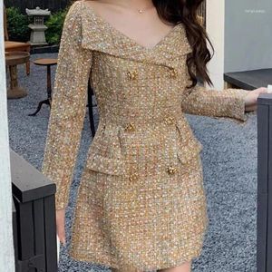 Vestidos casuais zawfl vintage dourado tweed vestido mulheres outono inverno 2023 manga longa duplo breasted elegante bodycon feminino