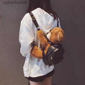 Sırt çantaları 2023 Yeni Kawaii Brown Bear Backpack Peluş Oyuncak Yaratıcı Motosiklet Ayı Sırt Çantası Yumuşak Dolgulu Hayvan Çantası Moda Kadın Kızlar Bagl231108