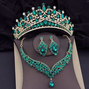 Other Jewelry Sets Green Crystal Crown Wedding Necklace Earring Luxury Bridal for Women Prom Tiaras Bride Dubai 230407