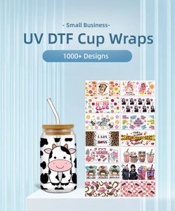 Transferência UV DTF para Libbey Can Glass Cup Coffee Cups Wrap 16oz Impressão de transferência a frio Etiqueta personalizada Decalque Cartoon Make Up Feel 1000 Padrões DHL