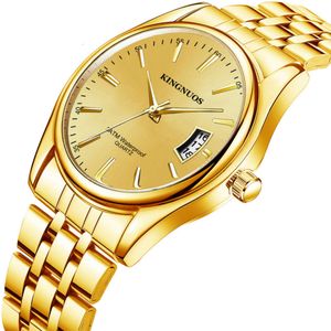 Новые полностью золотые мужские и женские часы для влюбленных с одним календарем, водостойкий стальной ремешок, булавка, модные повседневные часы