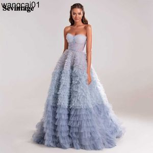 Partykleider Sevintage Blaue Ballkleider Abgestufte Ruffs Tul Pat Rüschen A-Linie Backss Saudi Arabische Frauen Party Abendkleider 2022 0408H23