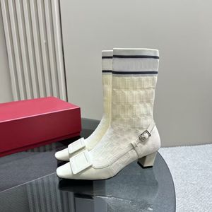 Roger Viver Kadın Botları Yüksek Kaliteli Çıplak Moda Örme Deri Deri Tone Diken Yüksek Topuk Botları 45cm Gösteri Partisi Düğün Açık Socks Ayakkabı Eşleştirme 3