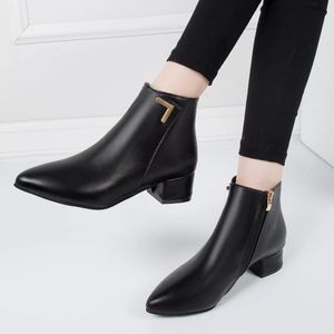 Boots Fashion Women Casual Leather Low High Heels Spring Shoes Woman Pointed Toe Rubber Ankle Black Red 231109