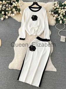 İki parçalı elbise tekerlik zarif iki parçalı örgü set kış çiçek tasarımı uzun kollu kazak elastik bel uzun etek moda kazak takım elbise j231109