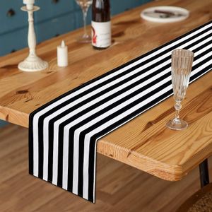 Classic Black White Striped Table Runner Elegant Polyester Wood Grain Table Decor Clolth Indoor Outdoor Halloween Banquet Party