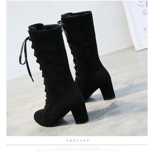 Boots 2023 Black Boot Shoes Knee High Women Casual Vintage Retro MidCalf Lace Up Thick Heels 231109