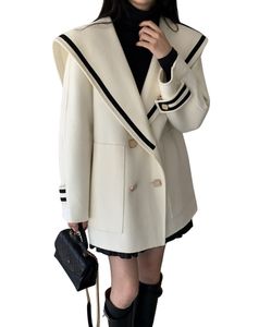 Женское шерстяное двубортное повседневное свободное пальто с матросским воротником в стиле колор-блок abrigos SML