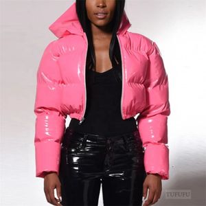 Парки Модная и милая женская яркая розовая надувная куртка из искусственной кожи, зимнее теплое пальто с пузырьками, блестящая кожаная парка на молнии, куртка-парка 231109