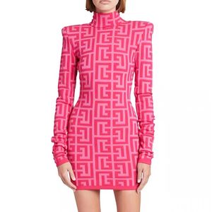 Розово-красное новое индивидуальное женское сексуальное облегающее платье высшего качества с геометрическим узором, вязаное жаккардовое облегающее платье с длинными рукавами на молнии