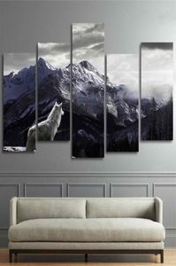 Cool HD Prints Canvas Wall Art Woonkamer Home Decor Foto 5 Stuks Sneeuw Berg Plateau Wolf Schilderijen Dieren Posters Framew1344054