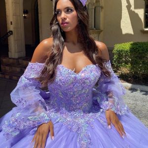 Lavanta balo elbisesi quinceanera elbise 2024 dantel aplike boncuklar uzun tren xv prenses vestidos de 15 anos doğum günü tatlı 16 elbise