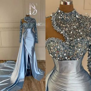 Shiny Sky Blue Sequined Mermaid Prom Party Dresses 2024 High Neck Pearls Beading Full Sleeve Party Gowns Custom Made