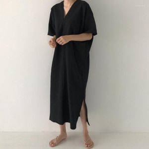 Sıradan elbiseler basit stil vintage katı gevşek kadın elbise v yaka patchwork kısa kollu midi robe 2023 Japon yaz vestidos mujer