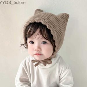 Beanie/Kafatası Kapakları Yeni Bebek Şapka Sevimli Karikatür Kulaklar Düz Renk Yumuşak Pamuk Yenidoğan Şapkalar Toddler Erkek Kız Kulak Sıcak Koruma Bonnet Örgü Kapakları YQ231108