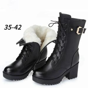 Boots 2023 Winter Leather Women Thick Wool Warm Highheeled Genuine Boot Highquality Female Snow Shoes 231109