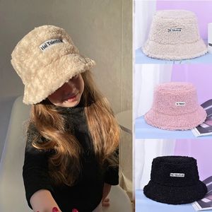 Caps Hats Children Winter Warm Bucket Hat Solid Letter Lamb Wool Baby Girl Boy Thicken Outdoor Kids Panama Flat Sun Cap 231109