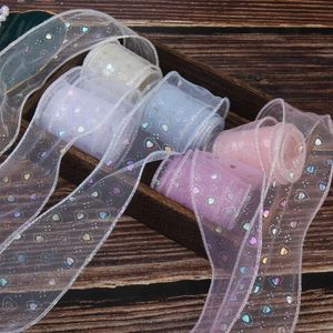 Gift Wrap 5CM Organza Laser Heart Print Ribbon Shinny Mermaid Mesh Lace Tulle For DIY Christmas Craft Supplies Hair Bowknot Wrapping 231109