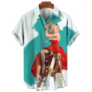 Herren Freizeithemden Hawaiian Herrenhemd Rotes Kleid Druck für Herren O-Ausschnitt Knopf Kurzarm Herrenbekleidung Mode Vintage Top