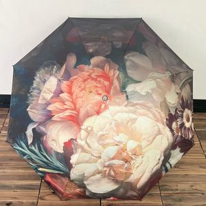 Moda Yağmur Tesisi Rüzgar Geçirmez Şemsiye Açık Yağmurlu Şemsiyeli Lüks Tasarımcı Çin Şakayık Çiçekleri Kadın Güneş geçirmez Üç katlı şemsiye
