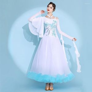 Sahne Giyim Seksi kadın balo salonu dans elbisesi yaz örgü beyaz vals genişleme tekne boynu tango toxtrot rekabet S7077