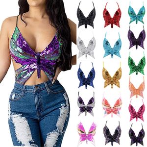 Camisoles Tanks Summer Multicolor Bandage Butterfly Sequin Top Sexy s Vintage Womens Lace Up Tank T Shirt Backless Short Clothes 230410