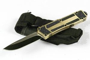 Высококачественный золотой автоматический тактический нож 440C Drop Point Черный / волочение проволоки Двухцветное лезвие Спасательные ножи для выживания на открытом воздухе с нейлоновой сумкой