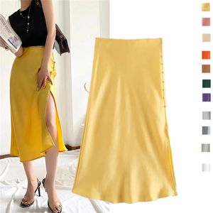 Saias estilo moda cintura alta magro olhando fixador decoração divisão cetim textura saia nicho elegante a-line vestido feminino