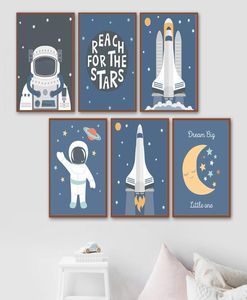 Astronot uzay teması kreş çocuk roket posterler ve baskılar duvar sanatı tuval boyama resim nordic kid039s erkek oda dekor ar9421608