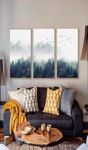 3 painéis nórdico nevoeiro floresta pássaros paisagem pintura a óleo escandinavo arte da parede poster imprime imagem sala de estar casa decora8008054