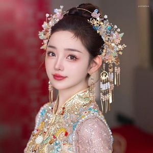 Saç klipleri gelin headdress Çin altın taç düğün aksesuarları tarzı ejderha ve Phoenix mücevher parti