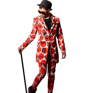 Erkekler Suits Blazers Özel Sahne Kostümleri Erkek Moda Kırmızı Dot Mektup Baskı Sıradan Takım Eşyası Erkek Sokak Giyim Hip Hop İnce Fit Uzun Jacke