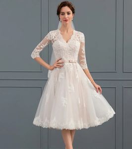 Clássico vestido de casamento curto 2024 a linha com decote em v meia mangas na altura do joelho tule rendas jardim vestido de noiva vestidos de noiva