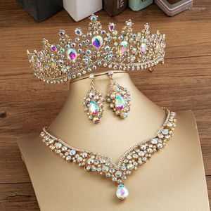 Necklace Earrings Set KMVEXO Gorgeous Crystal AB Bridal Fashion Tiaras Necklaces For Women Wedding Dress Crown Jewelry