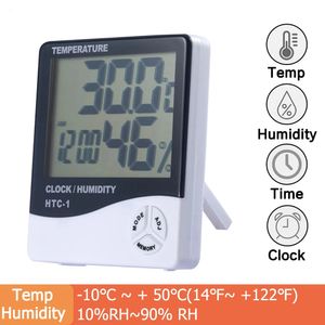Digital LCD Temperature Hygrometer Instruments Clock Humidity Meter Thermometer with Clock Calendar Alarm HTC-1 100pcs