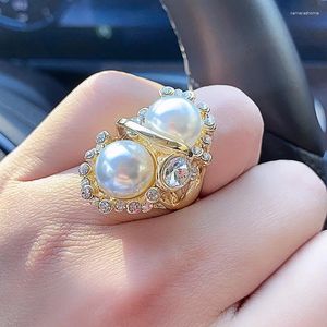 Küme Yüzükleri Gerçek 14K Altın İnci Yüzüğü Kadınlar Partiye Katılmak İçin Partiye Peridot Elmas Anillos de Düğün Diamante Nişan Takı Güzel Kutu