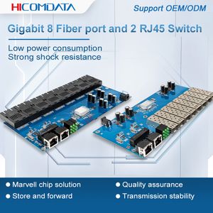 HicomData Gigabit Ethernet Fiber Switch Curvater преобразователь 8 оптоволоконного порта 2 RJ45 Оптичный порт волоконного порта SFP 20 км SC Одиночный режим DC 12V 1000M PCBA