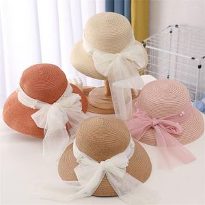 Chapéus de aba larga 2023 Fashion Straw Straw Hat for Kids Lace Bow Flor Big Beach Sun Proteção UV Casual Baby Girl Kid Bon