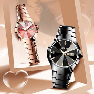 Armbanduhren Olevs Paaruhren Wolframstahlband Mode Einfache Armbanduhr für Männer und Frauen Datumsanzeige Uhr relogio masculino 230410