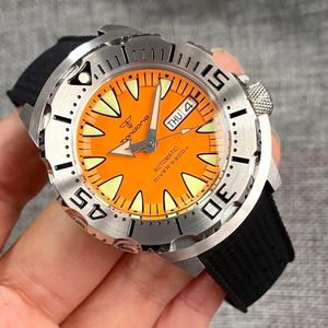 Watch Bands Luminous 42mm 200M Diving AR Sapphire Crystal Monster Orange Dial NH36A Mens Automatic 3 8 o clock Day Lume Rubber 231110