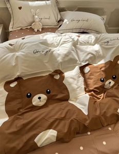 Yatak takımları sevimli karikatür ayı kahverengi yatak seti genç ikiz tam kraliçe kral güzel sıcak pamuklu ev tekstil yatak kılıfı kılıf kılıfı kapak 231110