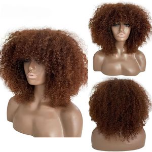 Afro bob kıvırcık insan saç perukları patlamalar yok tam dantel ön kısa peruk kahverengi renk vurgu ombre sarışın kadınlar için% 180 sentetik