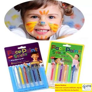 6 renk yüz boyama mum boya kalemleri geçici dövmeler ekleme yapısı boya gövde kalem çubuğu çocuklar için parti makyaj araçları