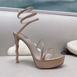 Kadın Elbise Ayakkabı Yüksek Topuklu Ayak Bileği Saraylı Ayakkabı Süslenmiş Yılan Strass Stiletto120mm Lüks Tasarımcılar Kristal Avize Sandal Boyutu 35-42