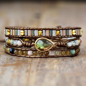 Charm Bilezikler Kadın Etnik Deri Sargı Labradorite Aytaşı Boncuklar 3 Strands Boho Takı Toptan Damla 230411