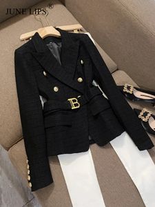Женские куртки JUNE LIPS Бренд высокого качества в стиле ретро Модный дизайн Женский текстурированный пиджак с поясом Шикарное качество женское облегающее пальто 231110
