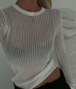 2023 Fashion White Elegant Striped See Through Women Tops Outfits Long Sleeve T-Shirts Tees Skinny Club Party Clothes 2304117