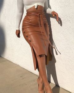 Saias de moda feminina Faux Leather Midi Skirt High Button Trim Tow